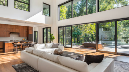 Modern L-shaped home with large sliding doors, 3 thoughtfully designed bedrooms, 2 elegant bathrooms, and a stunning kitchen with sleek finishes.の素材