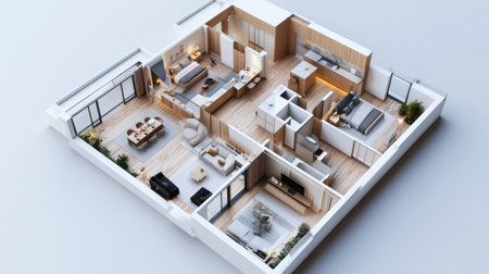 A dream L-shaped house with a modern architectural touch, boasting 3 well-sized bedrooms, 2 stylish bathrooms, and a breathtaking kitchen.の素材