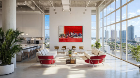 Architect-designed office with bright interiors, white feature wall, and modern city skyline through floor-length windowsの素材