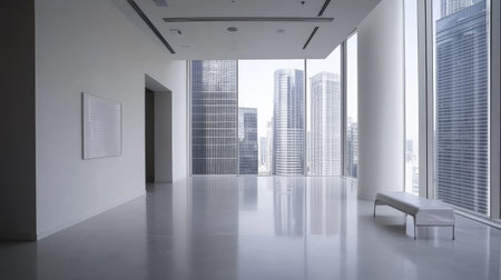 Minimalistic office suite with sleek furnishings, empty white wall space, and a wide view of modern skyscrapersの素材