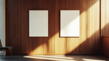 Contemporary workspace with clean lines, warm wood panel wall showcasing empty white posters ready for mockupsの素材