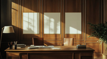 Neutral-tone office with blank poster mockups on a wood-paneled background, desk and accessories in foregroundの素材
