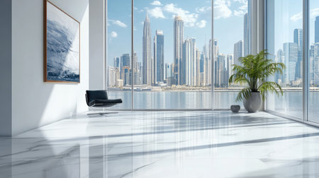 Premium office setting with glossy surfaces, minimalist design, white wall, and dramatic city skylineの素材