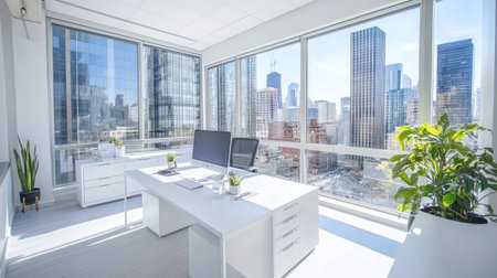 Sunlit office room with clean white surfaces and glass walls overlooking a busy downtown city skylineの素材