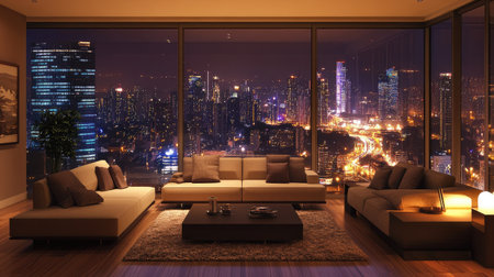 Premium modern living room with neutral tones, stylish furniture, and full-wall glass showcasing a twinkling night cityscapeの素材