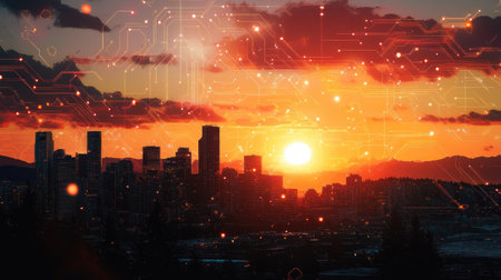Sunset over a vibrant city skyline enhanced with digital circuit lines and glowing nodes representing future tech infrastructureの素材
