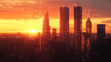 Silhouetted skyscrapers at sunset enhanced with sleek digital overlays and tech circuits, visualizing advanced urban networksの素材