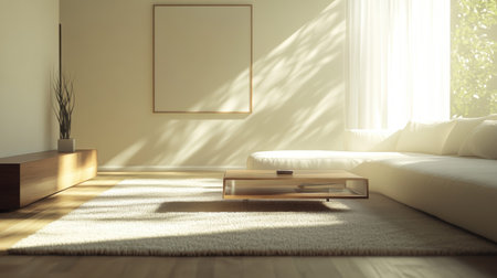 Sunlight pours into a serene minimalist living room with a soft rug, wooden finishes, a modern coffee table, and a cream-toned sofaの素材
