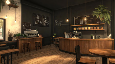 Boutique cafe interior with a modern-rustic theme, featuring wood elements and warm industrial lightingの素材
