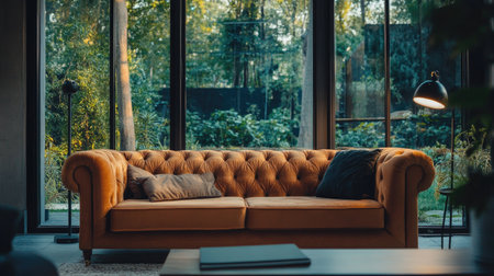 Richly decorated interior with a brown velvet sofa, accent lighting, and a peaceful garden view through oversized windowsの素材