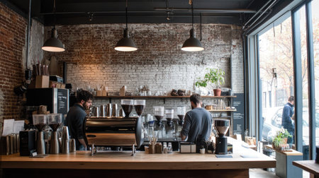 Modern coffee spot designed with sustainable wood, soft color schemes, and striking industrial pendant lightsの素材