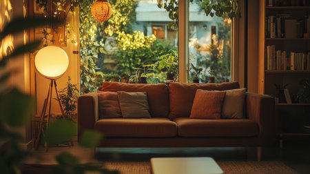 Tranquil and stylish interior with a modern brown sofa, artistic decor, smart lighting, and a lush garden outside the windowの素材