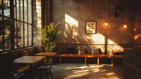 Cozy cafe lounge with wooden benches, earthy tones, concrete textures, and warm industrial lightingの素材