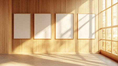 Bright startup office with wooden wall and blank poster frames, natural daylight flooding the modern spaceの素材