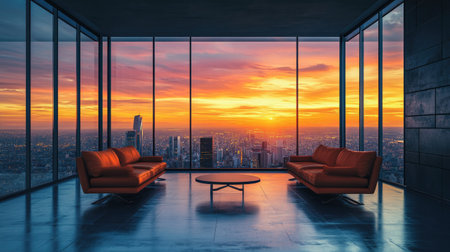 A sleek modern luxury living room featuring minimalist furniture, large floor-to-ceiling windows, and a breathtaking cityscape view at sunsetの素材