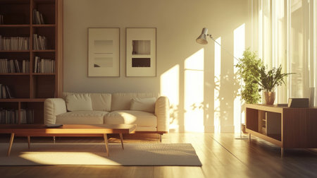 Minimalist home interior with smooth wooden finishes, soft neutral furniture, a designer coffee table, and plenty of lightの素材