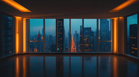 Interior of a high-end condo with minimalist decor, ambient lighting, and wide windows framing a busy urban skylineの素材