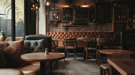 Coffee lounge with raw wood furnishings, clean neutral colors, and industrial lighting creating a warm urban atmosphereの素材