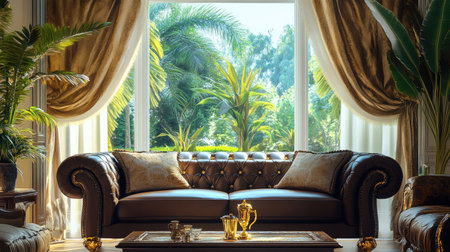 Luxurious living room with a rich brown leather sofa, gold-accented decor, and a wide window revealing a serene garden viewの素材
