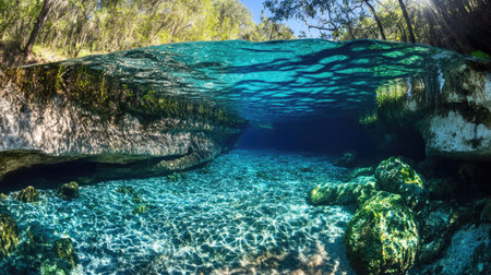Crystal-clear waters reflecting sunlight, with a natural transition from aqua near camera to dark royal blue beyondの素材
