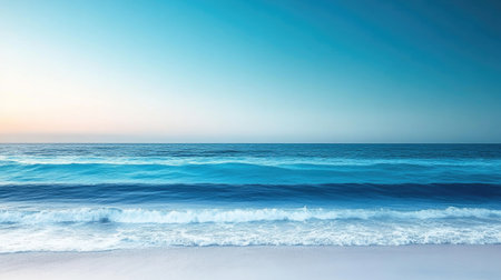 Dreamy ocean palette with soft lighting, blending calm aquamarine into a smooth royal blue across the horizonの素材