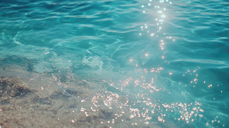 Calm ocean water with a soft color shift from aqua to royal blue, sunlight sparkling subtly on the surface under a clear skyの素材