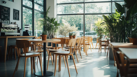 Modern coffee shop with clean white decor, potted plants, wooden chairs and tables, and expansive glass wallsの素材