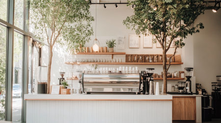 Airy coffee shop with white decor, indoor trees, rustic wooden touches, and full glass walls letting in daylightの素材