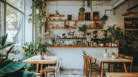 Boho-chic cafe with white decor, plenty of greenery, wooden shelves and tables, and open glass wall architectureの素材