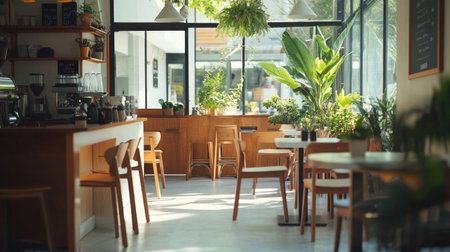 Cozy yet modern cafe space with a white base palette, warm wood accents, decorative green plants, and floor-length glass wallsの素材