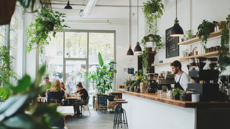 Relaxing cafe vibe with crisp white space, live plants, reclaimed wood, and panoramic glass wall designの素材