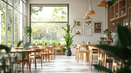 Cozy cafe interior with earthy wooden accents, leafy green plants, crisp white walls, and large glass panelsの素材
