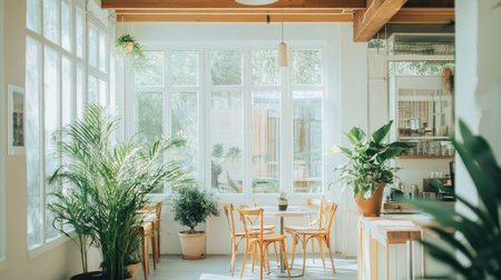 Elegant cafe design with white walls, wood beams, potted ferns, and transparent glass walls for natural ambianceの素材