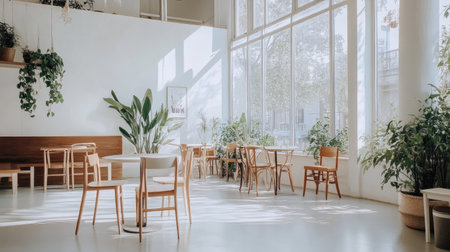 Minimalist cafe space with white tones, indoor greenery, brown wood details, and large glass windows letting in natural lightの素材