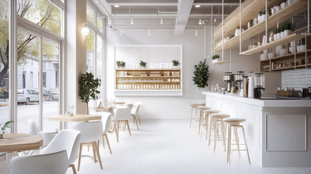 Stylish coffee space with clean white palette, botanical decor, oak wood accents, and surrounding glass windowsの素材