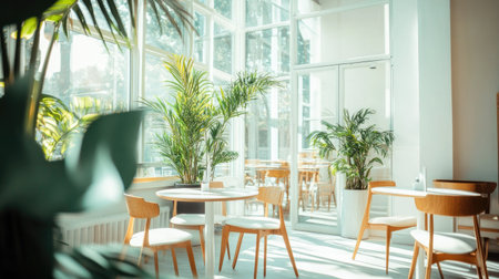 Quiet reading corner in a white cafe with leafy greens, wooden details, and sunlight coming through tall glass wallsの素材