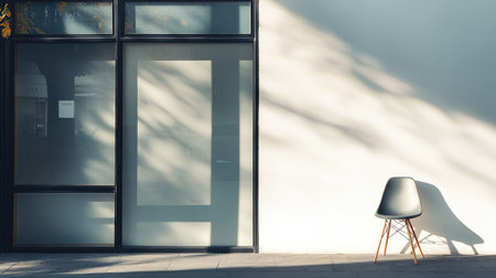 A minimalist coffee shop exterior with a white wall, large clean glass windows, and a single modern chair beside the entrance, casting a long shadow in the morning lightの素材