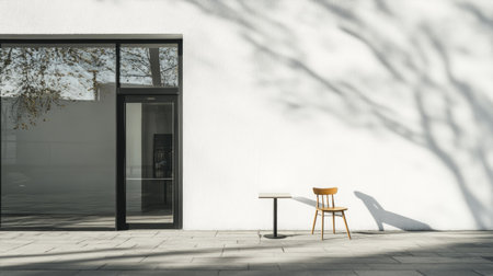 A minimalist coffee shop exterior with a white wall, large clean glass windows, and a single modern chair beside the entrance, casting a long shadow in the morning lightの素材