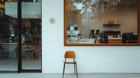 Neat coffee shop frontage, white wall, glossy glass windows reflecting the street, and one carefully positioned chair for aesthetic compositionの素材