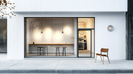 Stylish white cafe facade with clean-lined glass windows, a modernist chair set perfectly near the front door, evoking an inviting urban atmosphereの素材