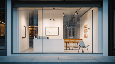 Modern coffee shop with white painted walls, transparent glass front, and one contemporary chair near the doorway, with subtle city reflections in the windowの素材