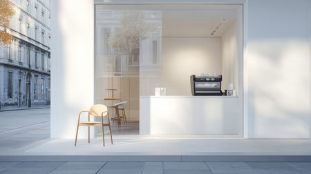 Modern coffee shop with white painted walls, transparent glass front, and one contemporary chair near the doorway, with subtle city reflections in the windowの素材