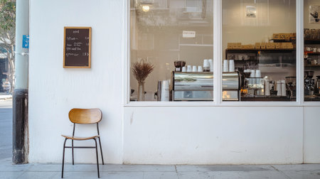 Neat coffee shop frontage, white wall, glossy glass windows reflecting the street, and one carefully positioned chair for aesthetic compositionの素材