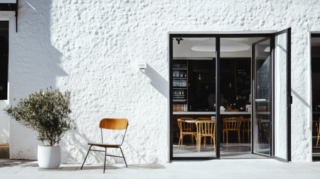 Trendy cafe exterior with monochrome white wall, crystal-clear windows, and one simple yet artistic chair resting near the open glass door -の素材