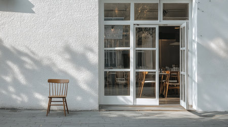Trendy cafe exterior with monochrome white wall, crystal-clear windows, and one simple yet artistic chair resting near the open glass door -の素材