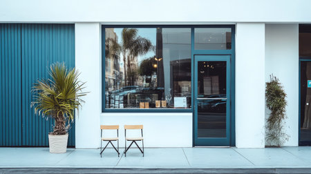 Neat coffee shop frontage, white wall, glossy glass windows reflecting the street, and one carefully positioned chair for aesthetic compositionの素材