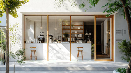 A chic cafe front with a white concrete wall and expansive glass windows, framed by subtle architectural details and natural light -の素材
