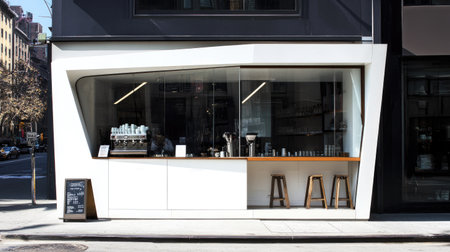 Modern coffee bar in a dense urban area with whitewashed front and frameless glass windows, architecture meeting street lifeの素材
