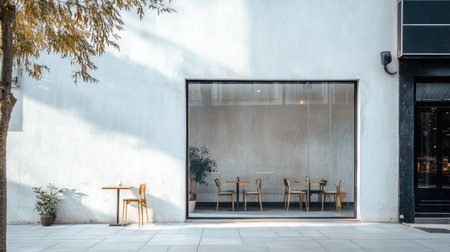 Minimal cafe facade in a vibrant city, showcasing a whitewashed wall and sleek frameless glass design for a clean aestheticの素材