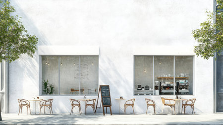Exterior view of a clean whitewashed cafe wall with expansive frameless windows, set against a vibrant city streetの素材
